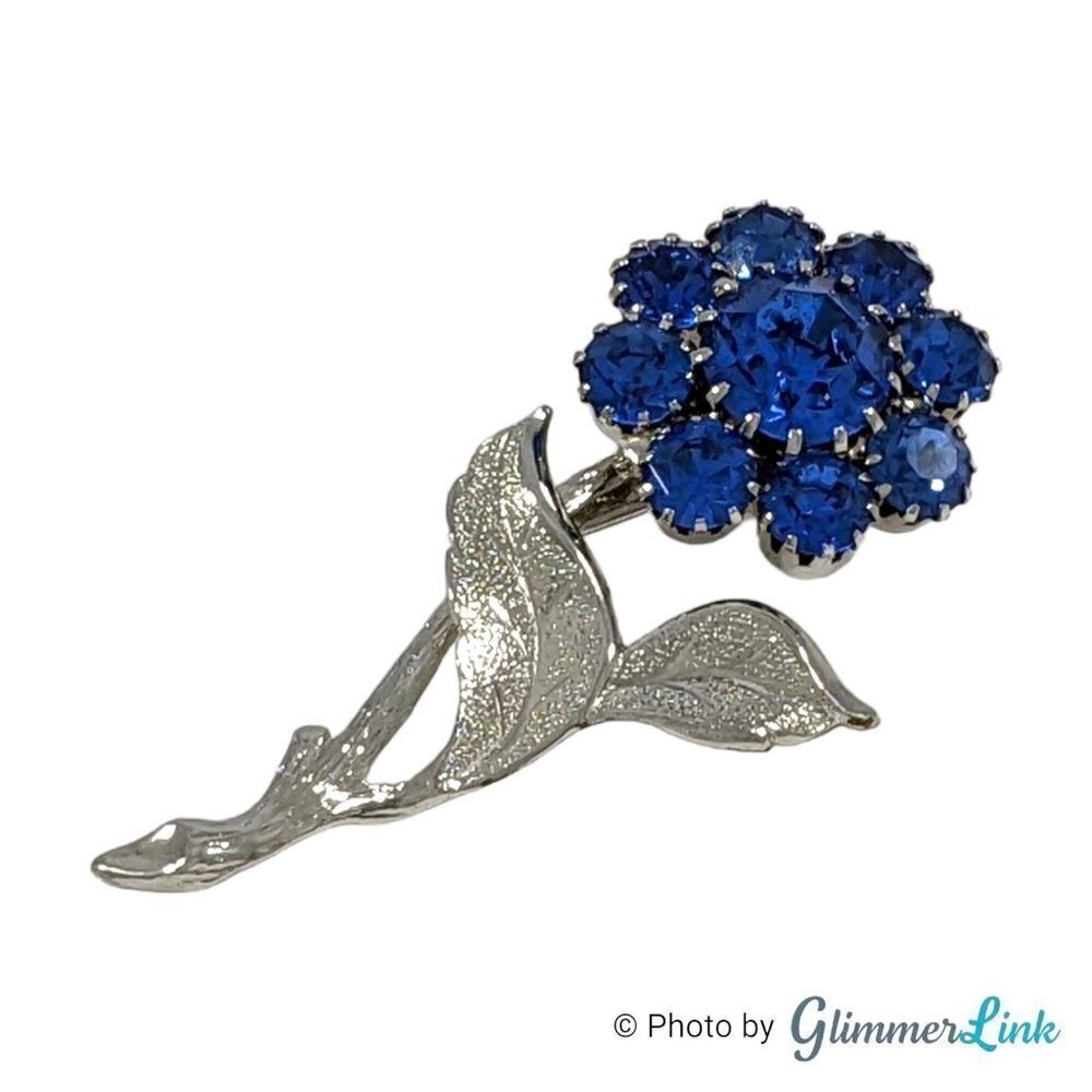 Vintage Elegant Blue Rhinestone Flower Silver Tone Brooch Pin